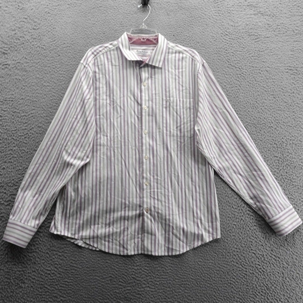 Tommy Bahama Newport Coast Mens Shirt Large Purple White Striped Pima Cotton